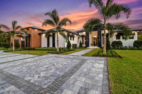 front entrance area at sunset