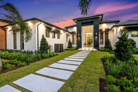 front entrance area at sunset