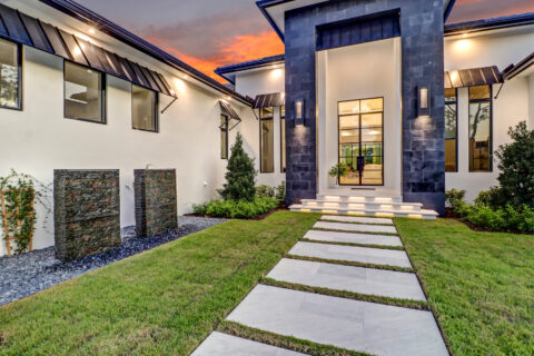 front entrance area at sunset
