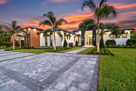 front entrance area at sunset