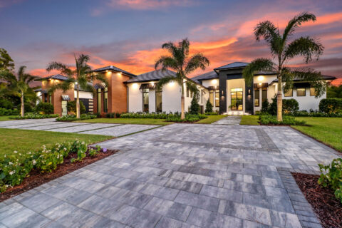 front entrance area at sunset