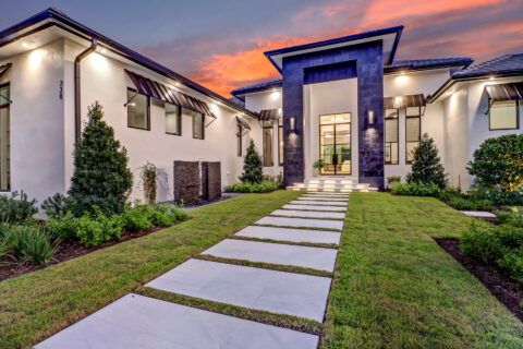 front entrance area at sunset