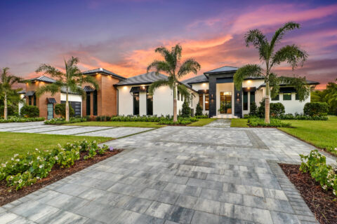 front entrance area at sunset